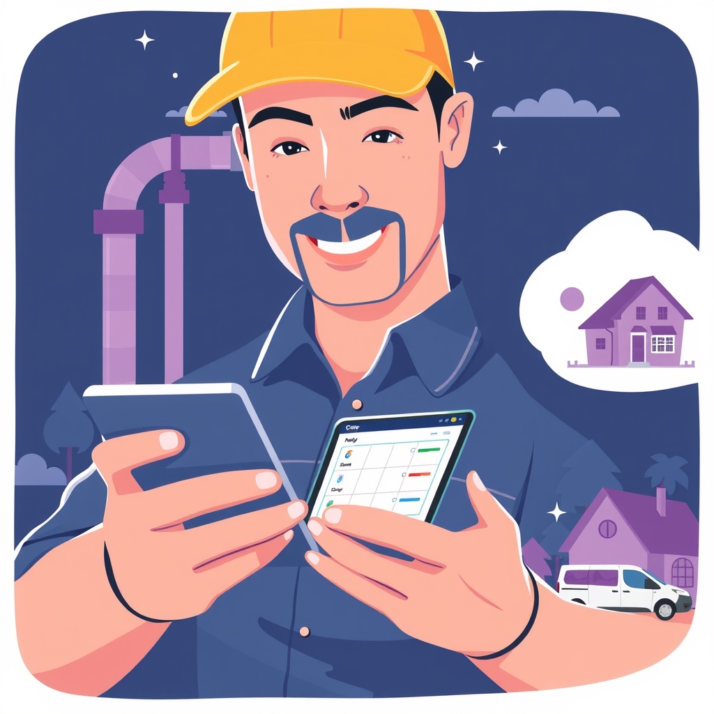 A close-up of a plumbing technician using a tablet for scheduling
